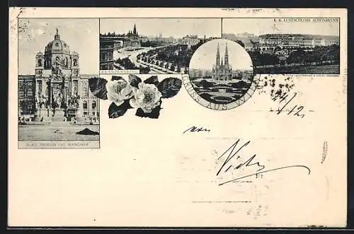 AK Wien, Maria Theresia und Hofmuseum, Franzensring, Rosen