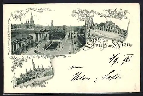 AK Wien, Rathhaus, Hofburg, Ortspartie aus der Vogelschau, Blumen-Ornamente