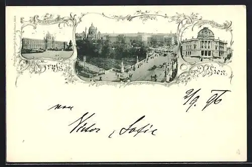 AK Wien, Elisabethbrücke mit Karlskirche, Hof-Museum, Ornamente