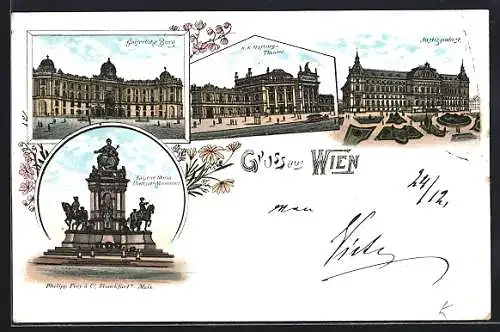 Lithographie Wien, Kaiserliche Burg, K. K. Hofburg-Theater, Kaiserin Maria Thersia-Monument, Justizpalast, Blumen