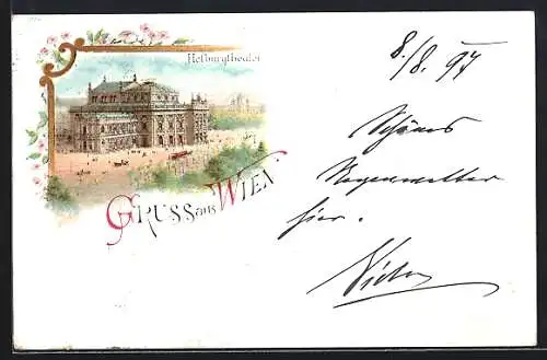 Lithographie Wien, Hofburgtheater mit Strasse, Ornament-Rahmen