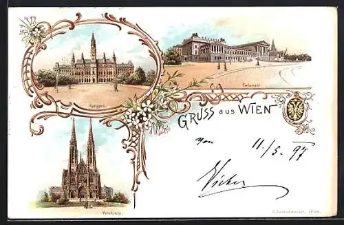 Lithographie Wien, Parlament mit Strasse, Votivkirche, Rathaus, Wappen, Ornament-Rahmen