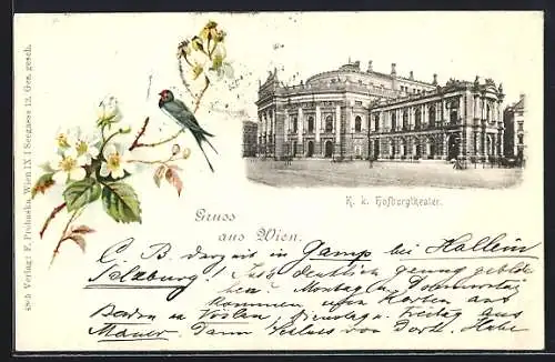 Lithographie Wien, K. k. Hofburgtheater, Blühender Zweig mit Schwalbe