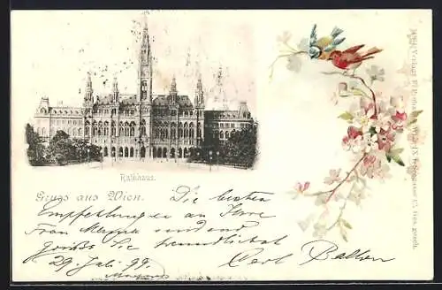 Lithographie Wien, Rathhaus mit Anlagen, Blühender Zweig mit Singvögeln