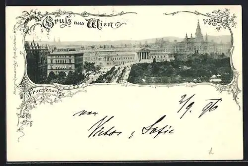 AK Wien, Franzensring, Panorama mit Anlage aus der Vogelschau, Ornament-Rahmen