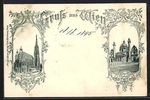 Vorläufer-AK Wien, 1895, Stefansdom, Karlskirche, Ornament-Rahmen
