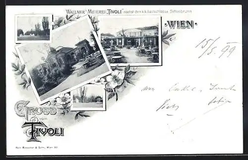 AK Wien, Wallner`s Meierei Tivoli mit verschiedenen Aussenansichten, Blumenverzierung