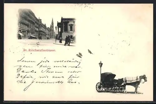 AK Wien, Reichsrathsstrasse mit Kirche, Pferdedroschke