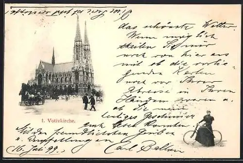 AK Wien, Votivkirche mit Kutsche, Dame mit Fahrrad