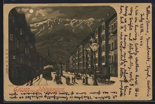 Lithographie Innsbruck, Maria-Theresienstrasse im Mondschein