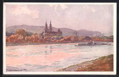Künstler-AK Rudolf Schmidt: Klosterneuburg, Teilansicht vom anderen Donauufer
