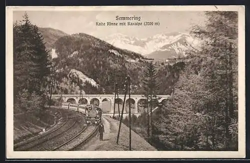AK Semmering, Kalte Rinne mit Raxalpe, Viadukt mit Eisenbahn