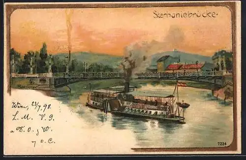 Künstler-AK Wien, Dampfer passiert die Stephaniebrücke
