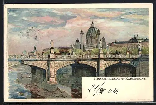 Lithographie Wien, Elisabethbrücke mit karlskirche