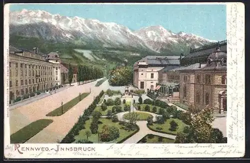 AK Innsbruck, Rennweg, Strassenpartie mit Parkanlage und Bergpanorama