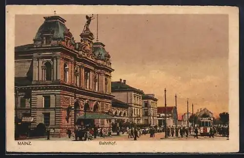 AK Mainz, Bahnhof mit Strassenbahn