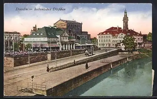 AK Dresden, Italienisches Dörfchen mit Fernheizwerk und Oper, Strassenbahn