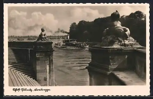 AK Dresden-Pillnitz, Schloss Pillnitz, Dampfer von der Freitreppe gesehen