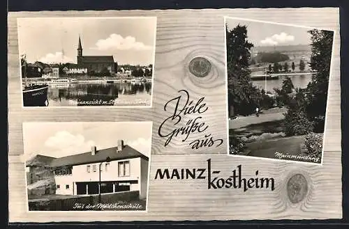 AK Mainz-Kostheim, Mainmündung, Mainansicht m St. Kilians Kirche, Teilansicht der Mädchenschule