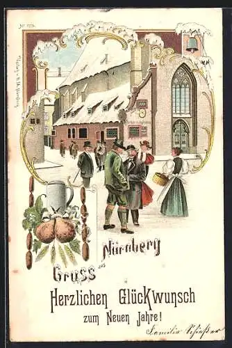 Winter-Lithographie Nürnberg, Ortspartie mit verschneiten Häusern, Braustube