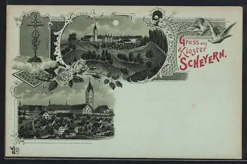 Mondschein-Lithographie Kloster Scheyern, Kloster aus der Vogelschau