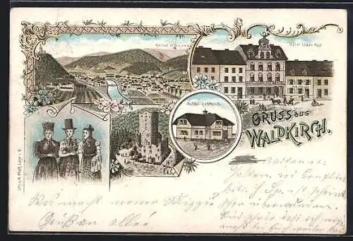 Lithographie Waldkirch / Breisgau, Kandel-Rasthaus, Hotel Löwen Post, Ortsansicht