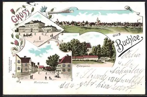 Lithographie Buchloe, Bahnhof, Marktstrasse, Kellergarten