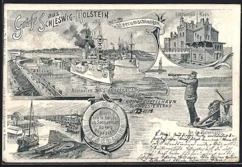 Lithographie Brunsbüttel /Schleswig-Holstein, Auslaufen SMS Deutschland nach Ostasien 1898