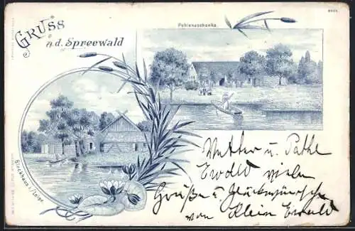 Lithographie Leipe /Spreewald, Pohlenzschenke, Blockhaus, Spreewaldkahn