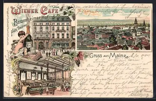Lithographie Mainz, Wiener Cafe Bassenheimer Hof v. Fritz Trabert