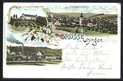 Lithographie Stuttgart-Uhingen, Bleicherei-Färberei u. Appretur-Anstalt, Schloss Filseck, Totalansicht