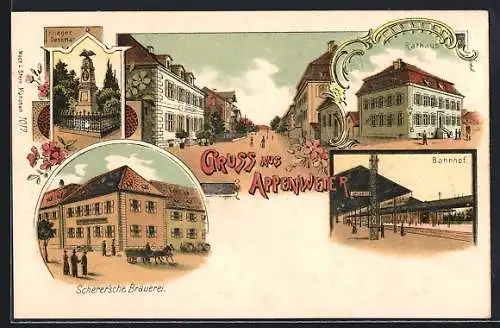 Lithographie Appenweier, Gasthaus Schererische Brauerei, Bahnhof mit Passagieren, Blick in eine Strasse