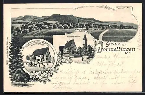 Lithographie Dormettingen, Gasthaus z. Engel v. Hermann Fried, Kirche, Pfarrhaus