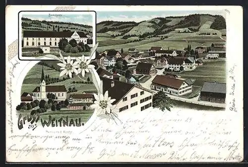 Lithographie Weitnau, Panorama, Brauhaus, Partie mit Kirche