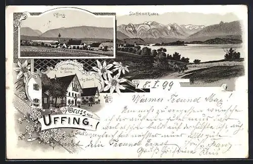 Lithographie Uffing, Gasthaus z. Sonne v. Gg. Bärtl, Ortsansicht