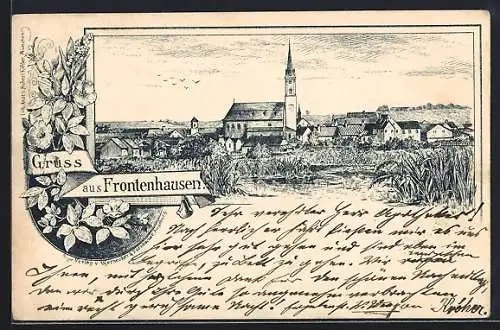 Lithographie Frontenhausen, Ortsansicht mit Kirche