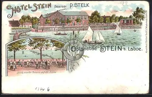 Lithographie Stein / Laboe, Hotel Stein, Bes. P. Stelk, Blick von der Terrasse auf die Ostsee, Segelboot