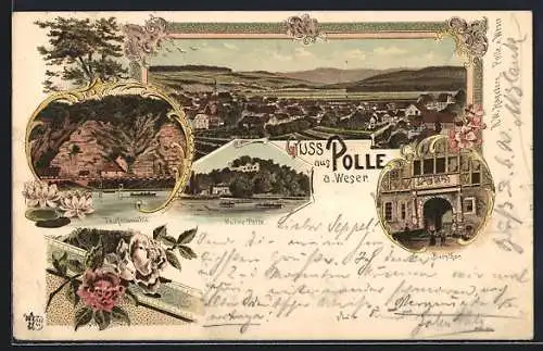 Lithographie Polle a. Weser, Totalansicht, Burgthor, Teufelsmühle, Ruine Polle