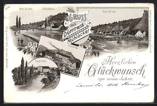 Lithographie Dürrmenz-Mühlacker, Brauerei Leo, Neue Brücke, Schloss Ruine, Kunstmühle