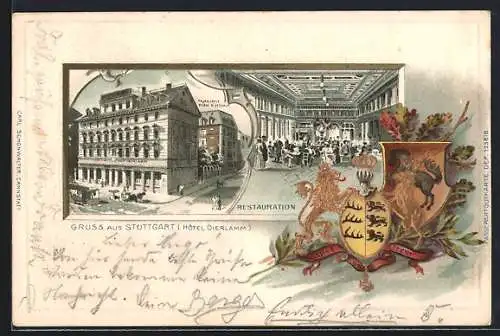 Passepartout-Lithographie Stuttgart, Hotel Restaurant Dierlamm, Aussen- u. Innenansicht, Wappen, Strassenbahn