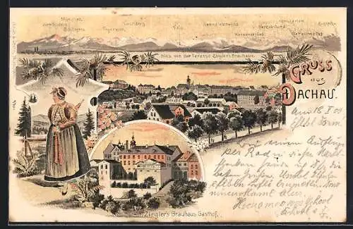 Lithographie Dachau, Blick von der Terrasse Ziegler`s Brauhaus, Alpenpanorama