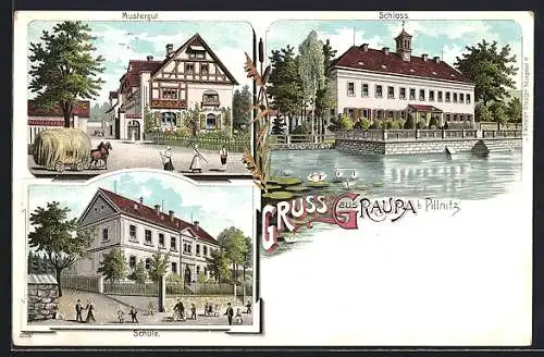 Lithographie Graupa b. Pillnitz, Mustergut, Schloss, Schule