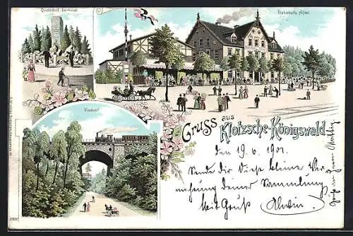 Lithographie Dresden-Klotzsche, Bahnhofs-Hotel, Quosdorf-Denkmal, Viaduct