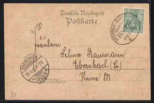 Lithographie Dresden-Klotzsche, Bahnhofs-Hotel, Quosdorf-Denkmal, Viaduct