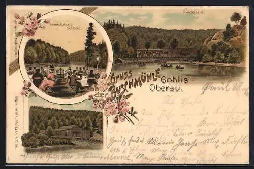 Lithographie Gohlis-Oberau / Niederau, Buschmühle, Gondelteich, Schlucht