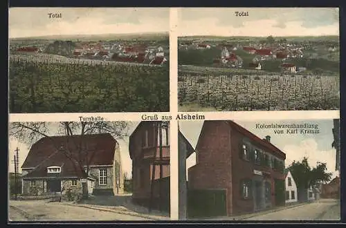 AK Alsheim, Kolonialwarenhandlung v. Karl Kramm, Turnhalle, Totalansicht