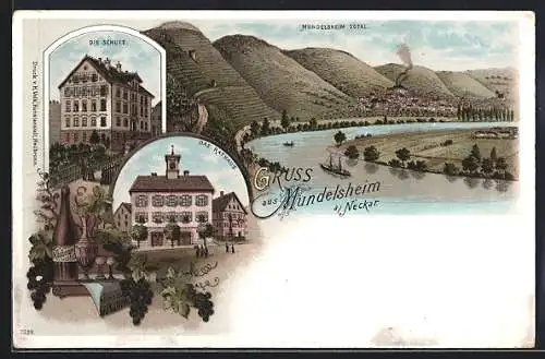 Lithographie Mundelsheim /Neckar, Rathaus, Schule, Ortsansicht mit Weinbergen