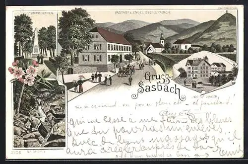 Lithographie Sasbach / Achern, Gasthof z. Engel, Bes. J. Habich, Turenne-Denkmal