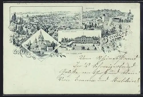 Lithographie Bendorf / Rhein, Heilanstalt Rheinau, Kath. Kirche, Waldesruhe