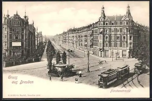 AK Dresden, Strassenbahn auf der Fürstenstrasse